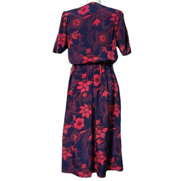 Vintage Secretary Geek Floral Navy Cherry Red Dress White Laced Collar Medium - Picture 9 of 12